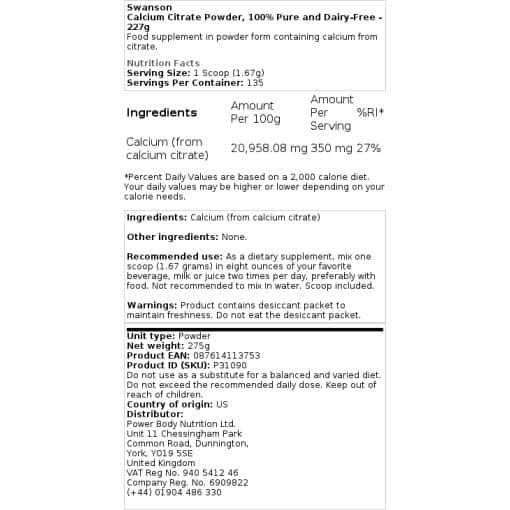 Swanson - Calcium Citrate Powder 227 grams