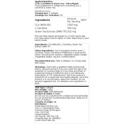 Εφαρμοσμένη Διατροφή - CLA L-Carnitine & Πράσινο Τσάι - 100 softgels