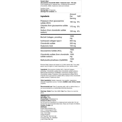 Doctor's Best - Γλυκοζαμίνη Χονδροϊτίνη MSM + Υαλουρονικό οξύ - 150 κάψουλες