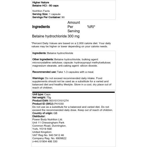 Higher Nature - Betaine HCl - 90 κάψουλες