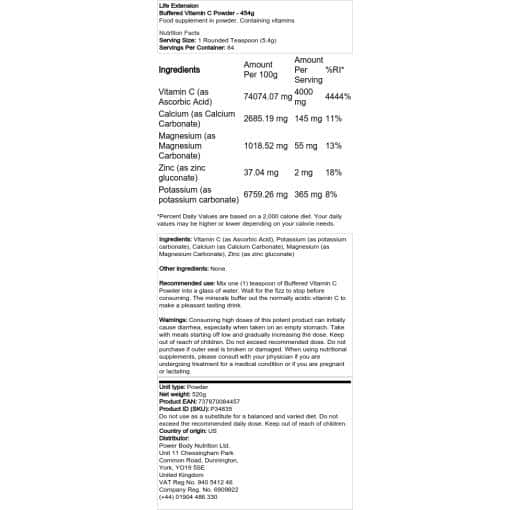 Life Extension - Σκόνη ρυθμισμένης βιταμίνης C - 454 γραμμάρια
