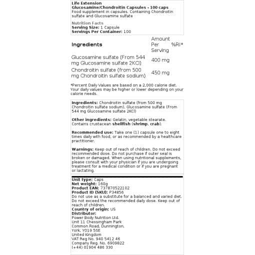 Life Extension - Κάψουλες γλυκοζαμίνης/χονδροϊτίνης - 100 κάψουλες