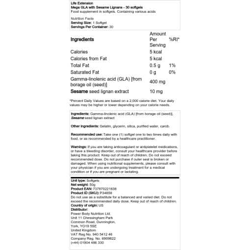Life Extension - Mega GLA με Λιγνάνες Σησαμιού - 30 softgels