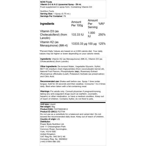 NOW Foods - Βιταμίνη D-3 & K-2 Liposomal Spray - 59 ml.