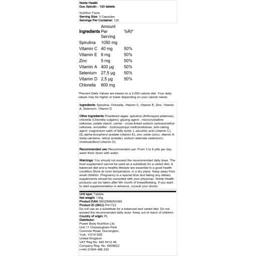 Noble Health - Duo Spirulin - 120 δισκία
