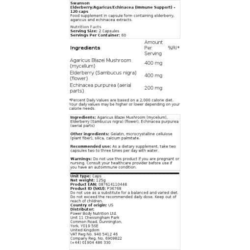 Swanson - Elderberry/Agaricus/Echinacea (υποστήριξη του ανοσοποιητικού συστήματος) - 120 κάψουλες