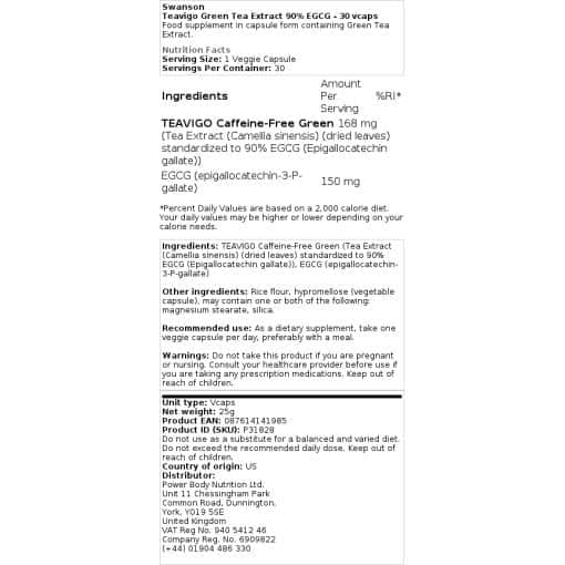 Swanson - Teavigo εκχύλισμα πράσινου τσαγιού 90% EGCG - 30 vcaps