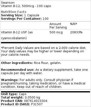 Witamina B12, 500 mcg - 100 kapsułek - obrazek 3