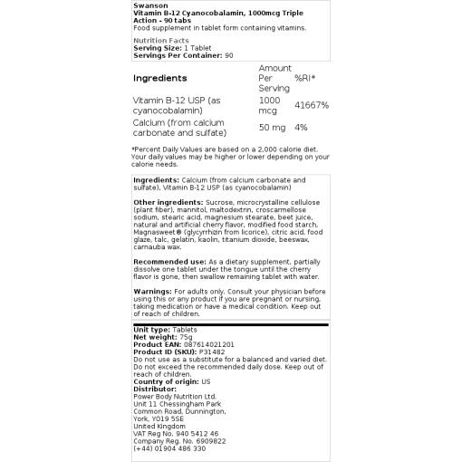 1000 mcg Triple Action - 90 tabletter