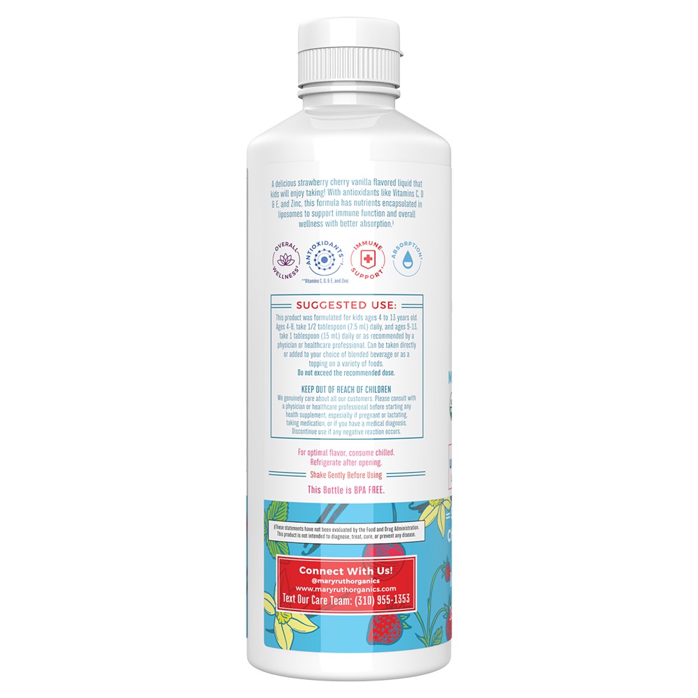 MaryRuth's - Płynny wielowitaminowy suplement dla dzieci Mary Ruth, liposomalny, o smaku truskawkowym, wiśniowym i waniliowym, 450 ml - obrazek 3