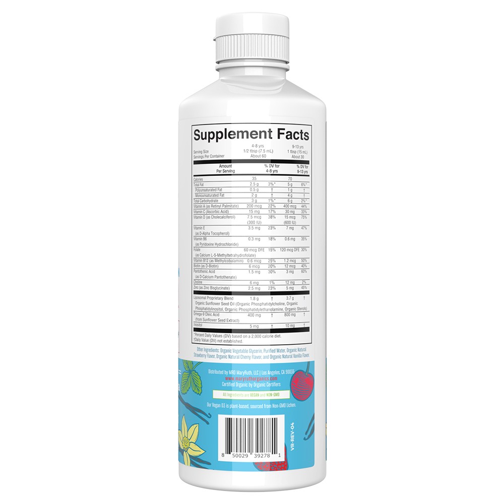 MaryRuth's - Płynny wielowitaminowy suplement dla dzieci Mary Ruth, liposomalny, o smaku truskawkowym, wiśniowym i waniliowym, 450 ml - obrazek 4