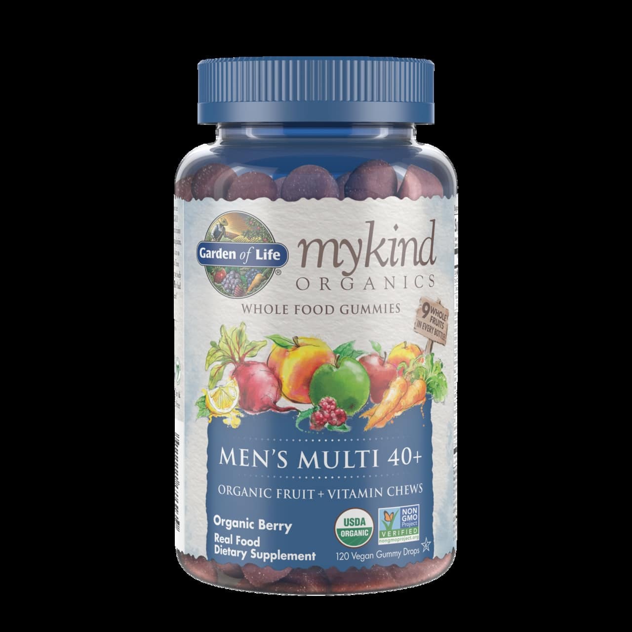 Multiwitaminowe żelki dla mężczyzn powyżej 40. roku życia Mykind Organics, organiczne o smaku jagodowym - 120 wegańskich żelków