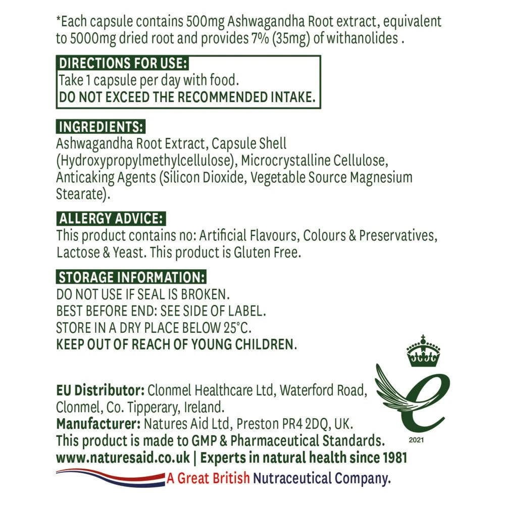 Natures Aid - Ashwagandha Natures Aid (30 kapsułek) - obrazek 2