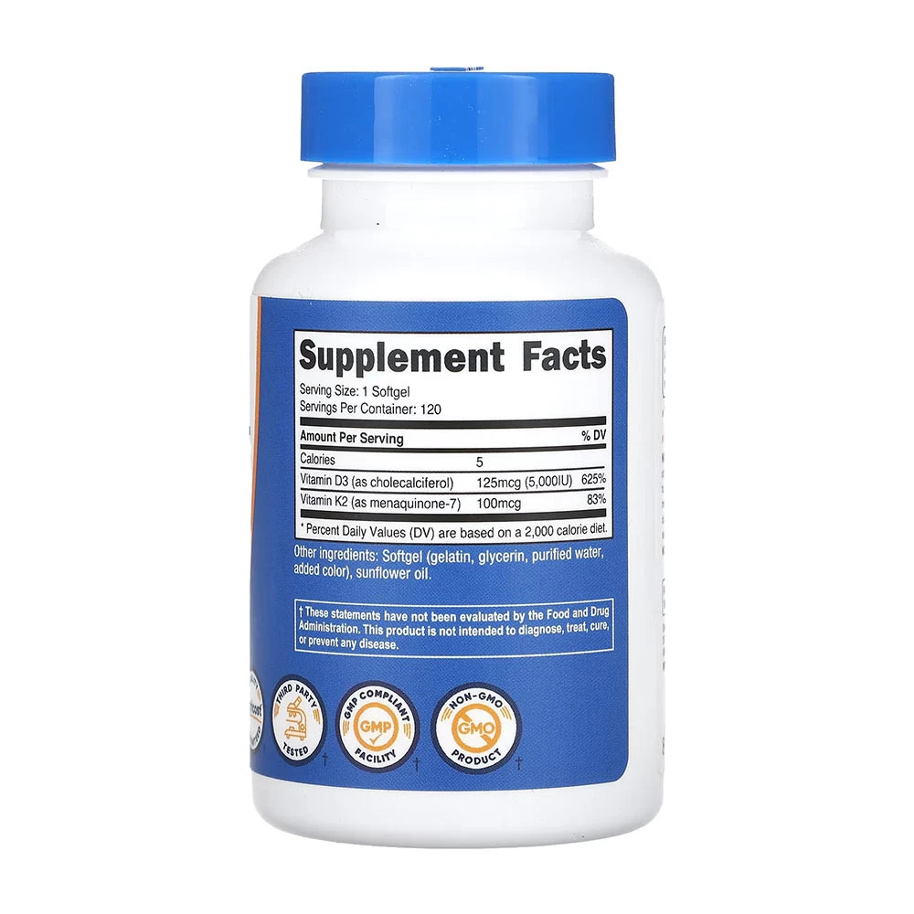 Nutricost - Witamina K2 (MK7) (100 mcg) + Witamina D3 (5000 IU), 120 kapsułek miękkich - obrazek 2