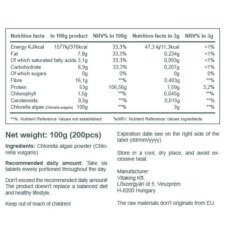 Vitaking - Chlorella, niebieskozielone algi - 500 mg (200 tabletek) - obrazek 3